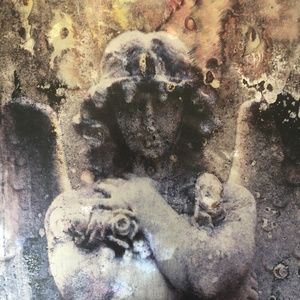 Photo Art of Angel Holding Flowers, Metal on Wood